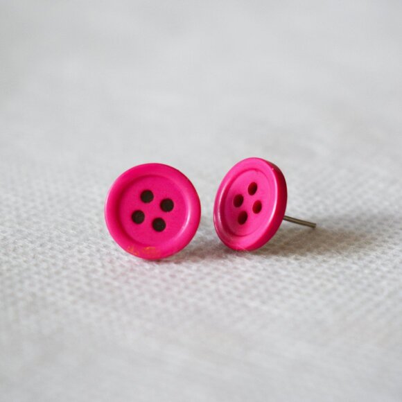 Handmade Pink Button Stud Earrings - Picture 1 of 6
